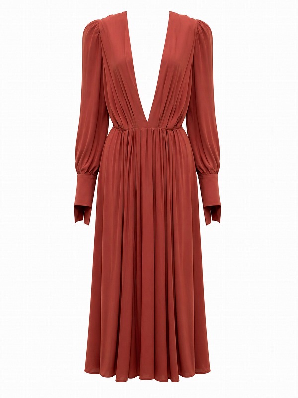 【新品DRESS 1018】深Vネックパールカフスミモレ丈フレアロングドレス ブラウン【ELISABETTA FRANCHI】